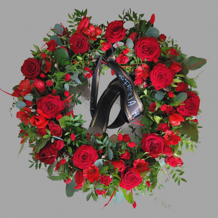 Coroana funerară rotundă cu flori roșii [2]