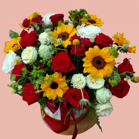 Aranjamente florale - Aranjament floral cu floarea soarelui si trandafiri