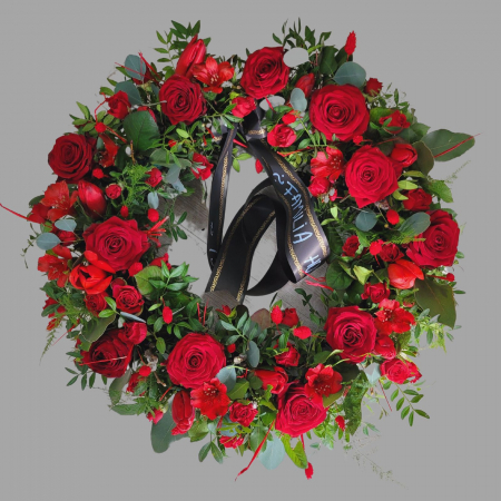 Coroana funerară rotundă cu flori roșii [1]
