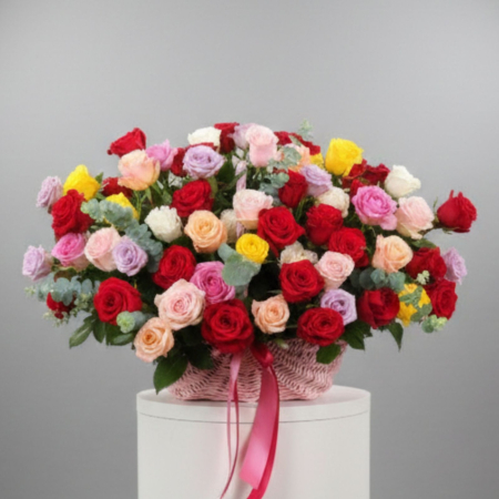 Coșuri cu flori - Coș cu 101 trandafiri colorați