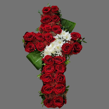 Coroane funerare - Cruce funerară cu trandafiri roșii