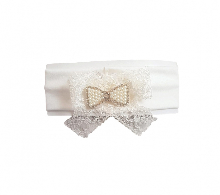 Bentita accesorizata cu perle si dantela, Fundita, alb [1]
