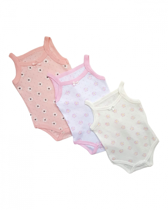 Set 3 body maiou cu bretele subtiri, bumbac brodat, flori de musetel [1]