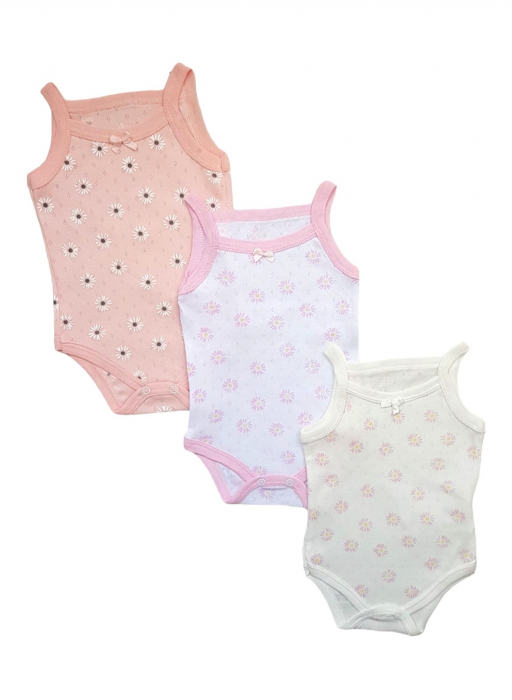 Set 3 body maiou cu bretele subtiri, bumbac brodat, flori de musetel [2]