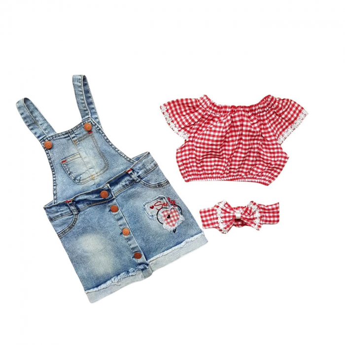 Sarafan denim cu top si bentita, rosu [2]