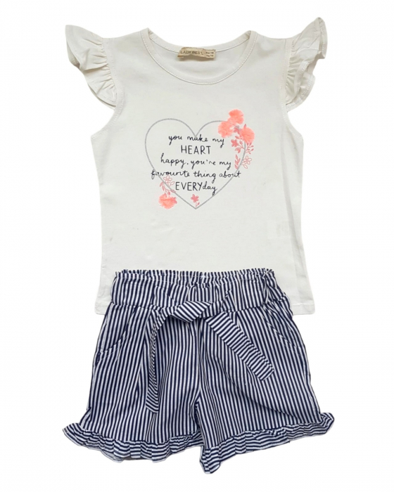 Set fete tricou cu volane  si fusta pantalon, alb [3]