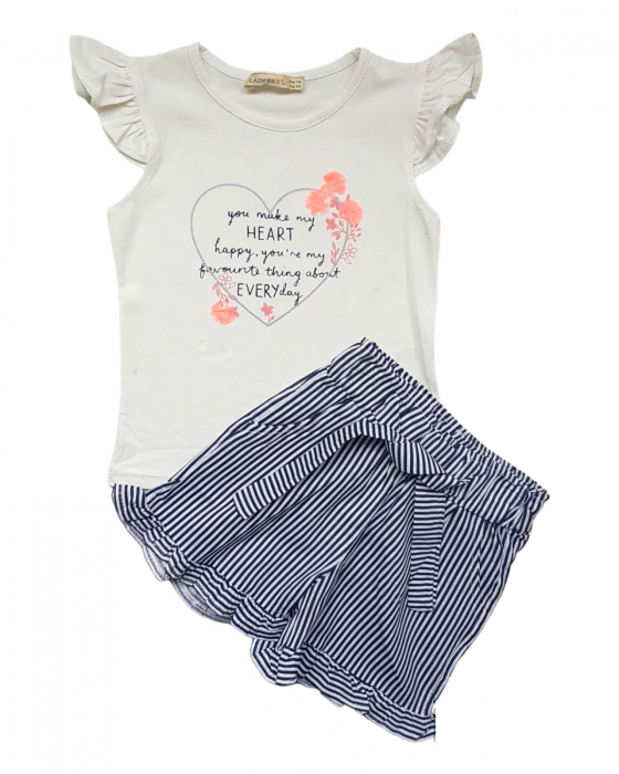 Set fete tricou cu volane  si fusta pantalon, alb [1]