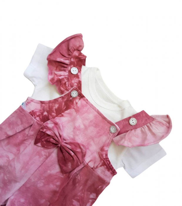 Set fete tricou alb si salopeta cu volane, mov [3]