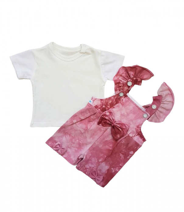 Set fete tricou alb si salopeta cu volane, mov [2]