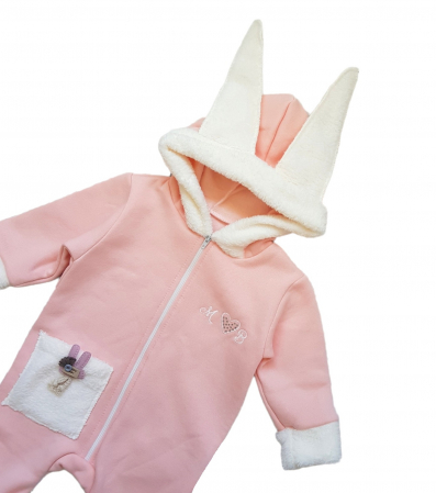 Salopeta vatuita cu gluga si urechi, Iepuras, roz pastel [2]