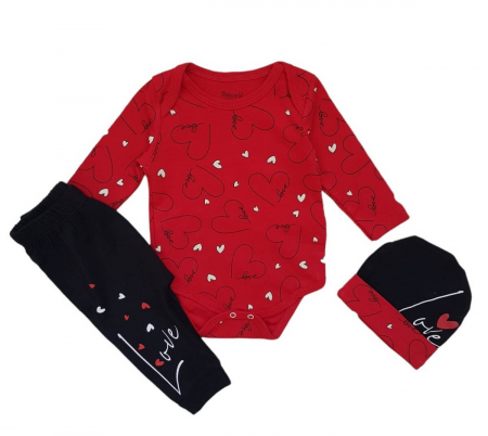 Compleuri / Seturi - Set 3 piese din bumbac, inimioare, rosu