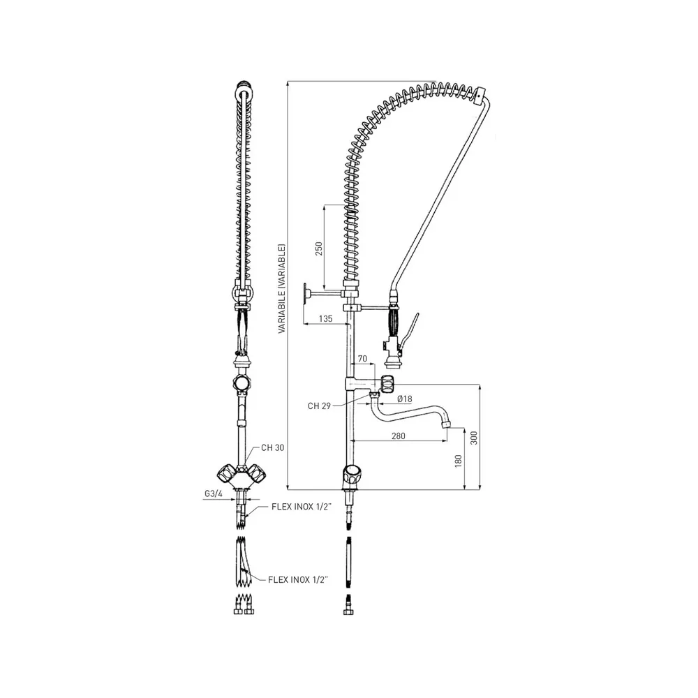 Baterie cu dus clatire, inaltime 100 cm, pentru bucatarii [2]