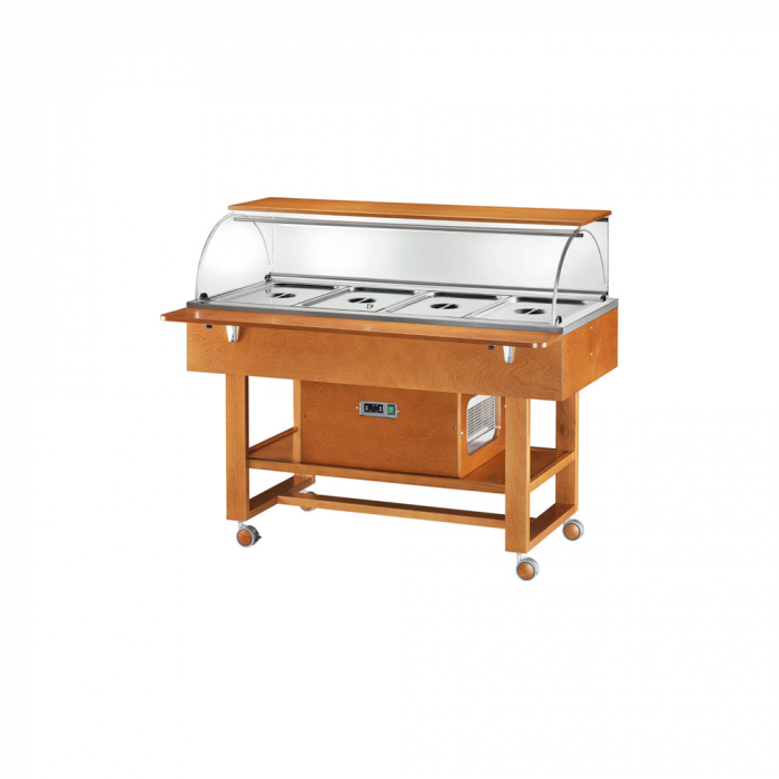 Carucior frigorific cu plexiglas si blat din lemn cu 1 raft pliabil si o baza de sustinere, culoare bianco-alb, 4 x GN1/1, -5°C +5°C, ELR2826BTB [1]
