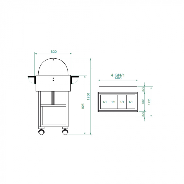 Carucior frigorific cu plexiglas si blat din lemn cu 2 polite pliabile, culoare bianco-alb, 4 x GN1/1, +2°C +10°C, ELR2827B [2]