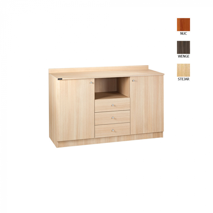 Dulap din PAL melaminat cu 2 usi, 3 sertare si un spatiu deschis de stocare, culoare nuc, 1360x480x950 mm, ML3204SSN [1]