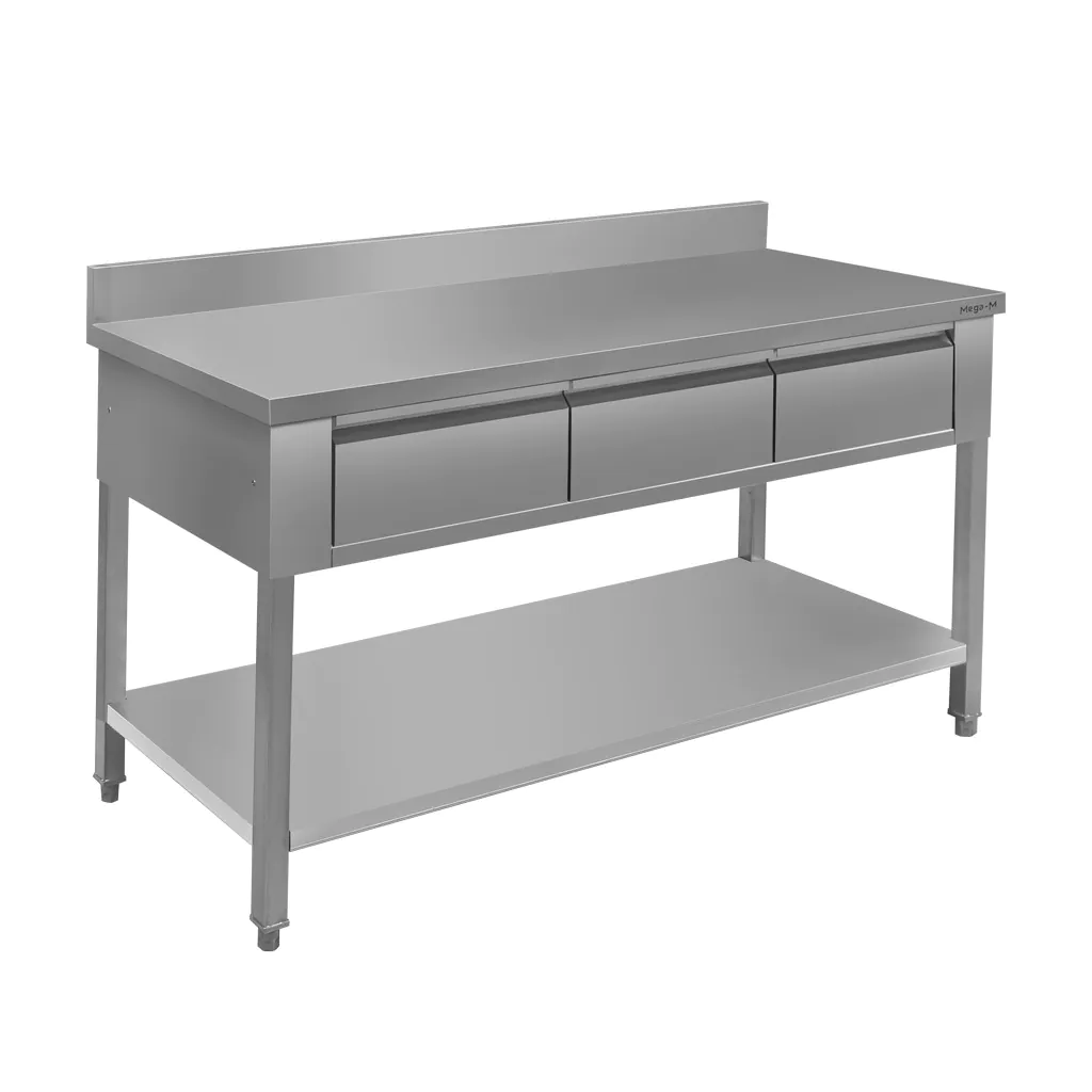 Masa inox de perete, 3 sertare, raft 150x60x85cm [2]