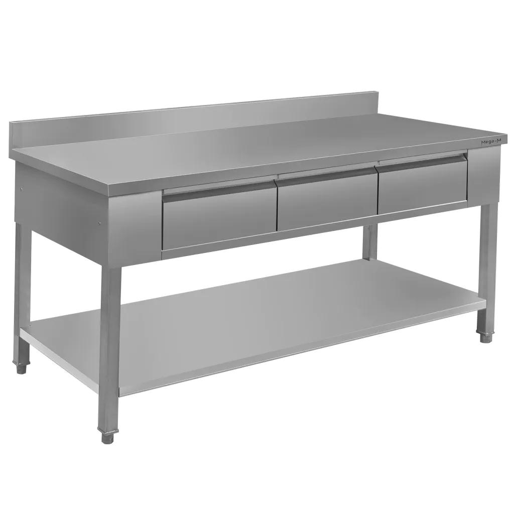 Masa inox de perete, 3 sertare, raft 180x60x85cm [3]