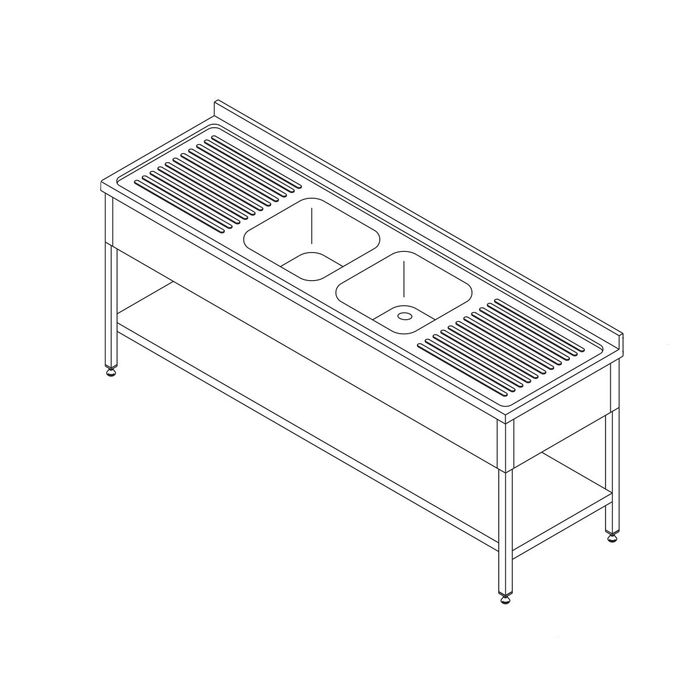 Masa inox pentru masina de spalat vase 210x70 cm cu 2 chiuvete si polita depozitare [1]