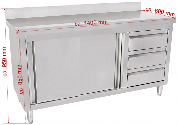 Masa inox tip dulap cu sertare pe dreapta si usi glisante 600 mm - 1400x600x950 mm BAS140-60R [2]