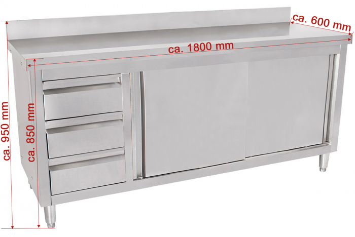 Masa inox tip dulap cu sertare pe stanga si usi glisante 600 mm - 1800x600x950 mm BAS180-60L [2]