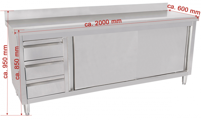 Masa inox tip dulap cu sertare pe stanga si usi glisante 600 mm - 2000x600x950 mm BAS200-60L [2]