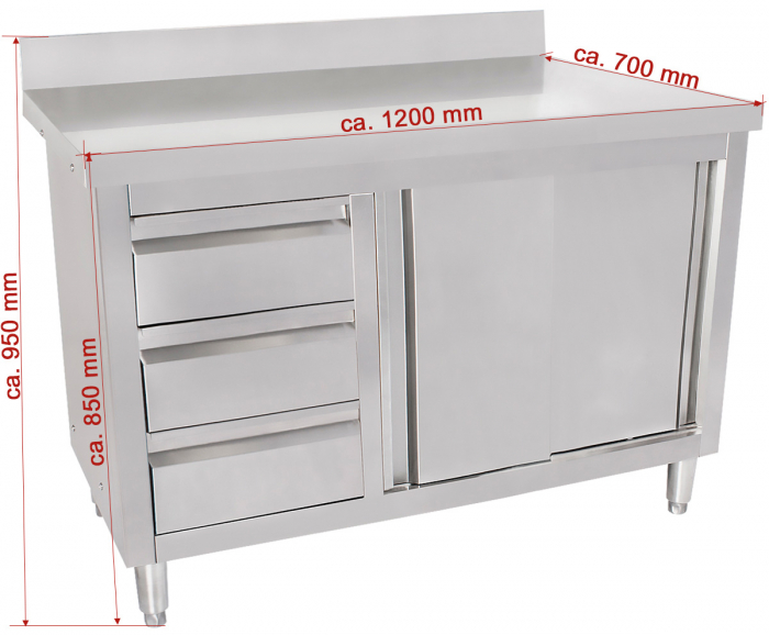 Masa inox tip dulap cu sertare pe stanga si usi glisante 700 mm - 1200x700x950 mm BAS120-70L [2]