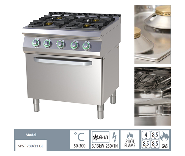 Masina de gatit gaz cu 4 arzatoare alama cu cuptor electric, 4+3x8,5 kW, linia 700, SPST780-11GE [2]