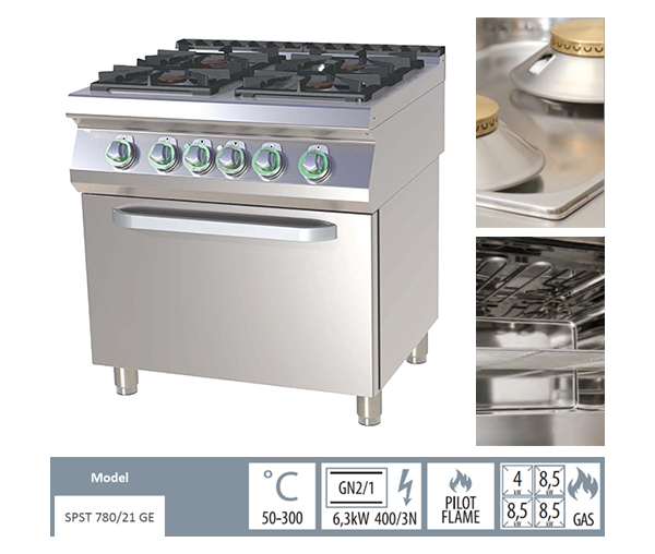 Masina de gatit gaz cu 4 arzatoare alama cu cuptor electric, 4+3x8,5 kW, linia 700, SPST780-21GE [2]