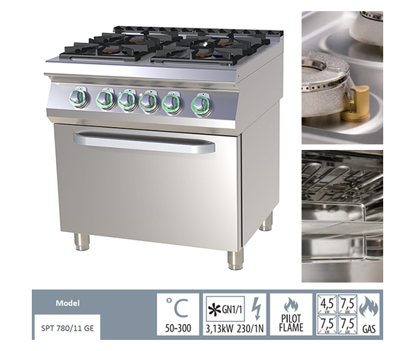 Masina de gatit gaz cu 4 arzatoare fonta cu cuptor electric, 4,5+3x7,5 kW, linia 700, SPT780-11GE [2]