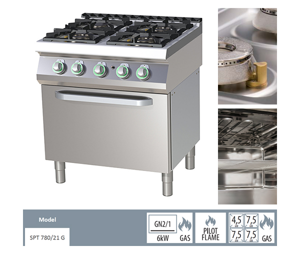 Masina de gatit gaz cu 4 arzatoare fonta cu cuptor gaz, 4,5+3x7,5 kW, linia 700, SPT780-21G [2]