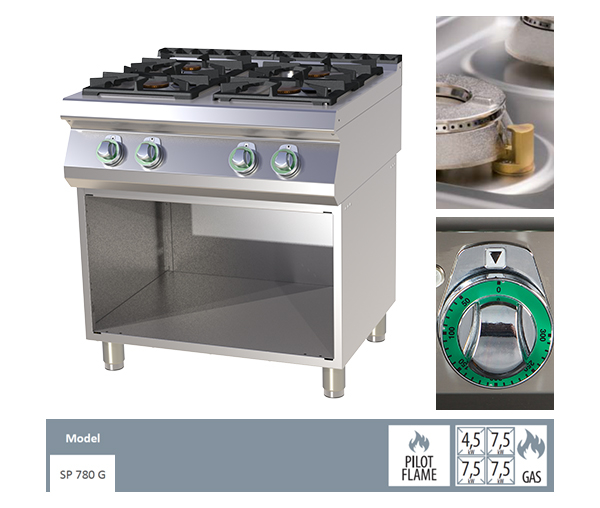 Masina de gatit gaz cu 4 arzatoare fonta cu suport, 4,5+3x7,5 kW, linia 700, SP780G [2]