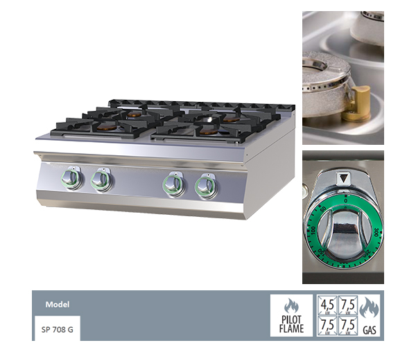Masina de gatit gaz cu 4 arzatoare fonta de banc 4,5+3x7,5 kW, linia 700, SP708G [2]