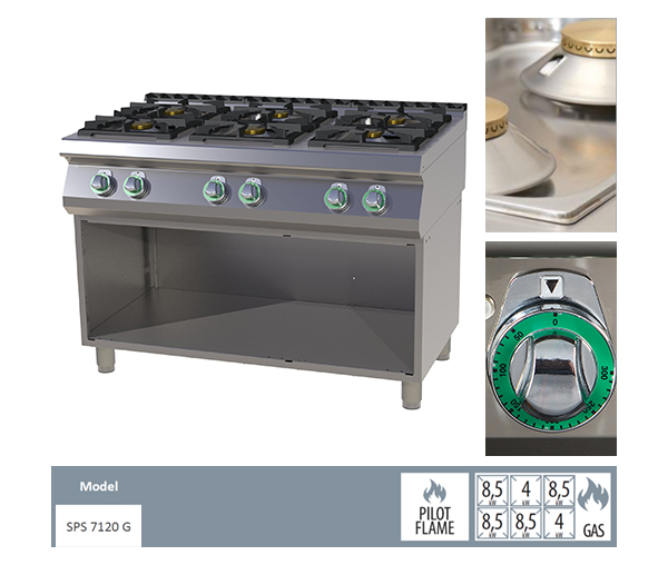 Masina de gatit gaz cu 6 arzatoare alama cu suport, 2x4+4x8,5 kW, linia 700, SPS7120G [2]