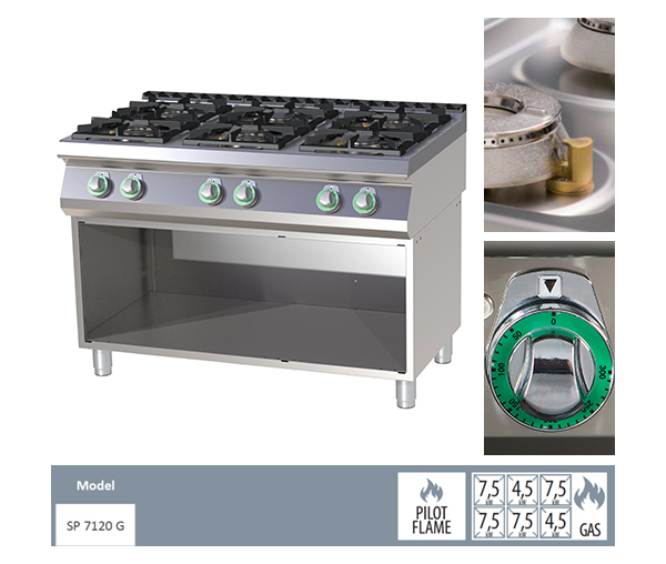 Masina de gatit gaz cu 6 arzatoare fonta cu suport 2x4,5+4x7,5 kW, linia 700, SP7120G [2]