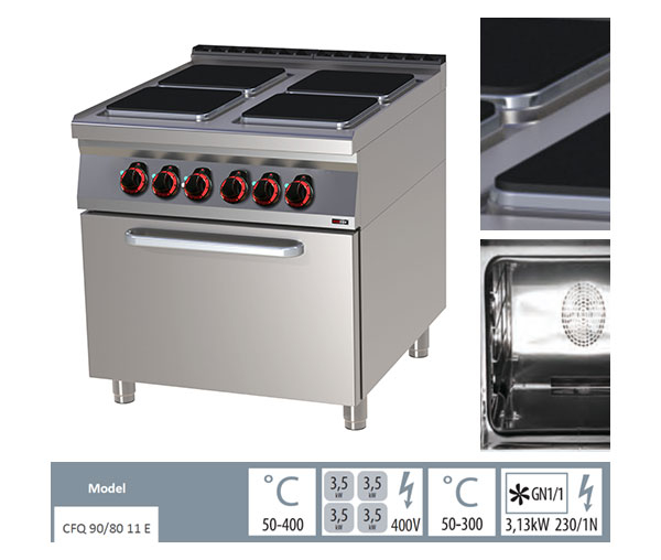 Masina gatit electrica 4 plite patrate cu cuptor electric convectie GN 1/1, 4x3,5 kW, linia 900, SPQT90/80-11E [2]