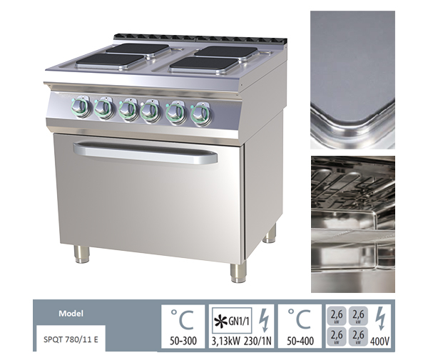 Masina gatit electrica 4 plite patrate cu cuptor GN 2/1, 4x2,6 kW, linia 700, SPQT780-21E [2]