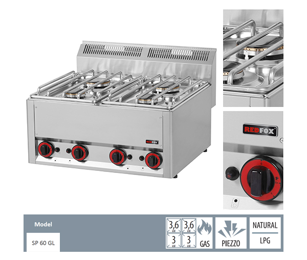 Masina gatit gaz 4 arzatoare de banc, (2x3 + 2x3,6 kW), linia 600, SP60GL [2]