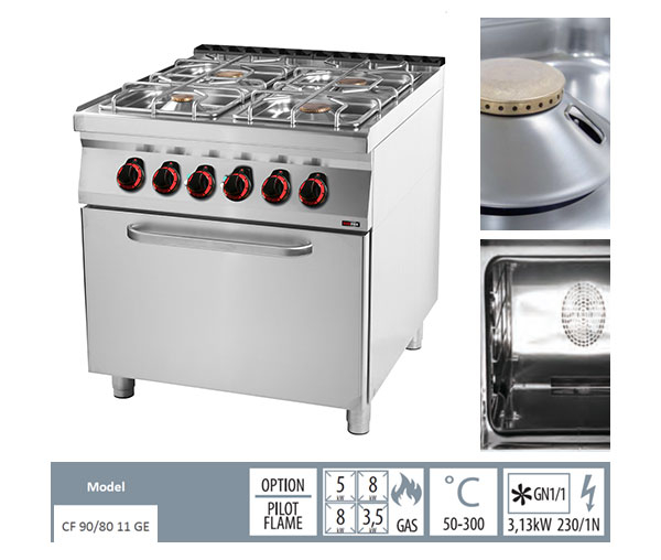 Masina gatit gaz 4 arzatoare fonta cu cuptor electric convectie, 5+2x8+3,5 kW, linia 900, SPT90/80-11GE [2]