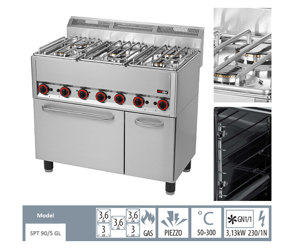 Masina gatit gaz 5 arzatoare (2x3 + 3x3,6 kW) cu cuptor 3,13 KW, linia 600, SPT90/5GL [2]
