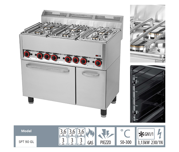 Masina gatit gaz 6 arzatoare (3x3,6 + 3x3 kW) cu cuptor 3,13 kW, linia 600, SPT90GL [2]