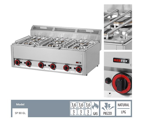 Masina gatit gaz 6 arzatoare de banc, (3x3 + 3x3,6 kW), linia 600, SP90GL [2]