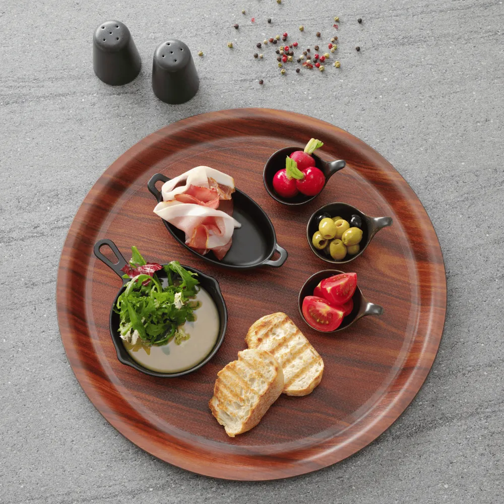 Tava servire rotunda, imitatie lemn mahon, anti-alunecare, 380mm [2]