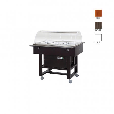Autoservire - Bain marie cu structura din lemn cu 1 polita pliabila si o baza de sustinere, culoare nuc, 3 x GN1/1, +30°C +90°C, CL2778N