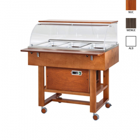 Bufete reci - Carucior frigorific cu plexiglas si blat din lemn cu 1 polita pliabila si baza de sustinere, culoare nuc, 3 x GN1/1, +2°C +10°C, CLR2787N