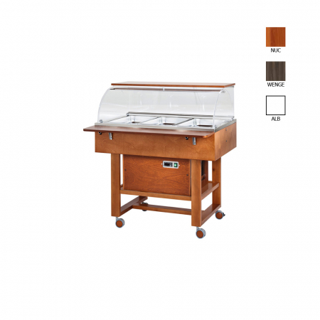 Bufete reci - Carucior frigorific cu plexiglas si blat din lemn cu 1 polita pliabila si baza de sustinere, culoare nuc, 3 x GN1/1, -5°C +5°C, CAR2787NBT