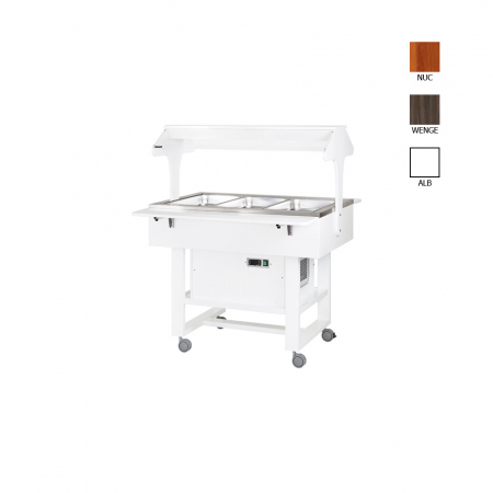 Bufete reci - Carucior frigorific cu plexiglas si blat din lemn cu 2 rafturi pliabile si iluminare, culoare bianco-alb, 3 x GN1/1, +2°C +10°C, CLR2786NB
