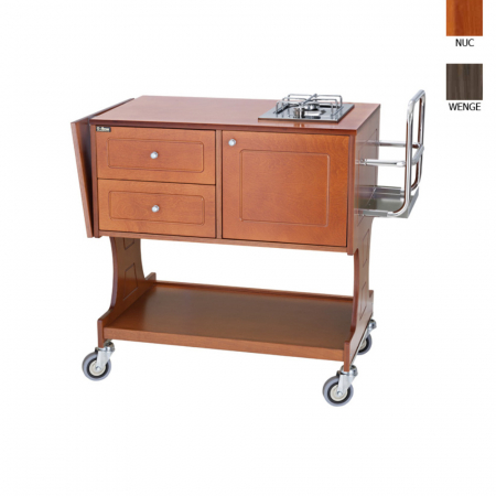 Carucioare servire lemn - Carucior servire din lemn masiv cu 1 arzator si 2 sertare, culoare nuc, 1070x580x910 mm, CL2751