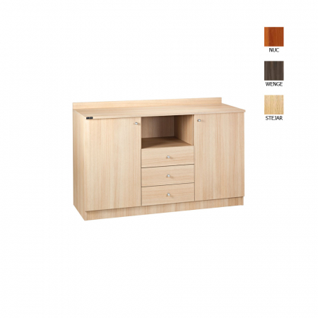 Mobilier servire lemn - Dulap din PAL melaminat cu 2 usi, 3 sertare si un spatiu deschis de stocare, culoare nuc, 1360x480x950 mm, ML3204SSN