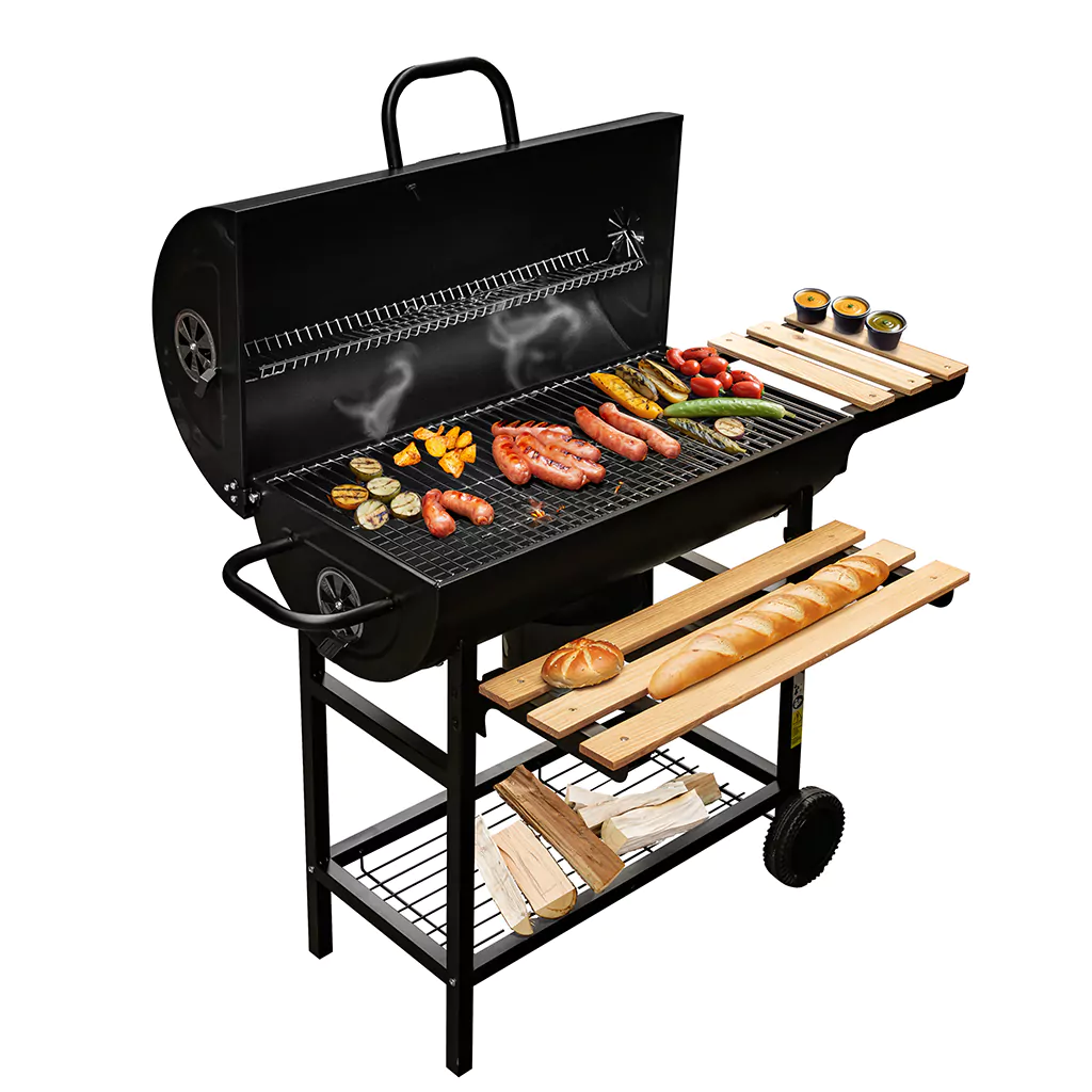 Gratar de gradina pe carbune tip butoi cu 2 mese laterale [1]