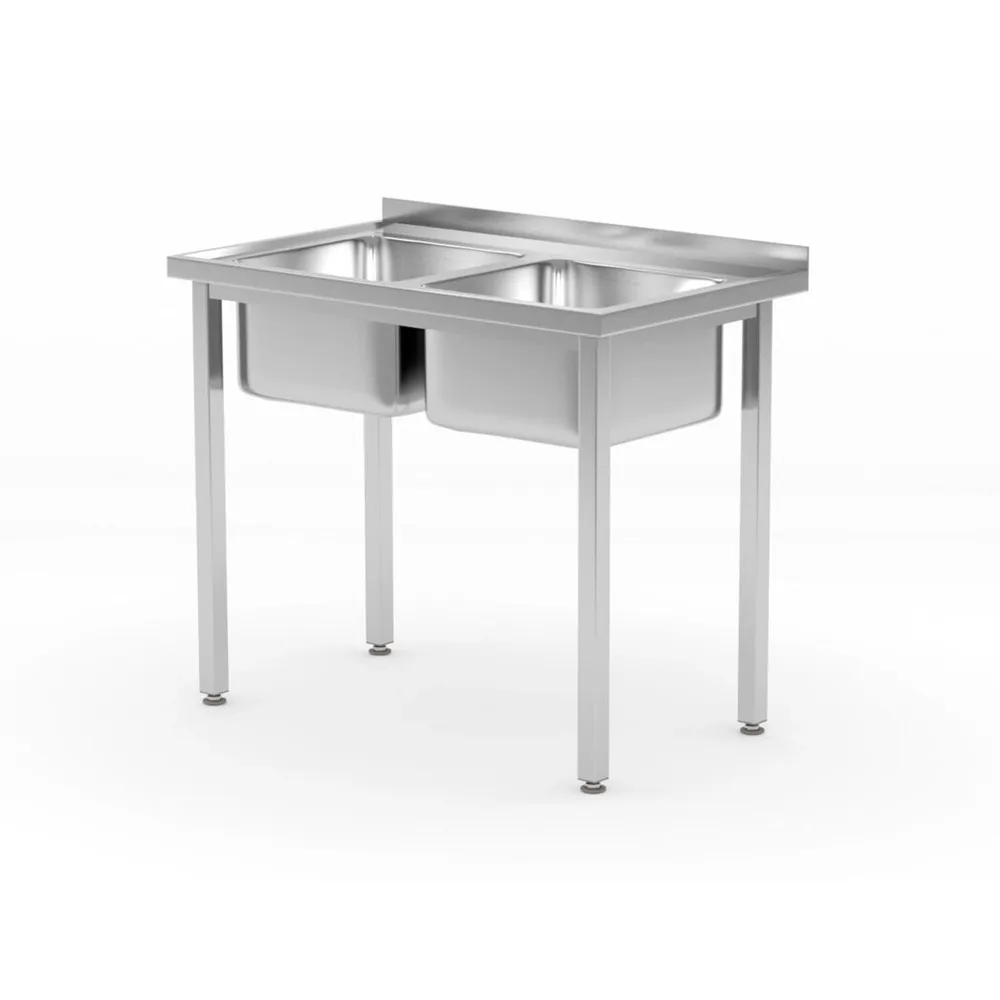 Spalatoare inox cu 2 cuve - Masa de lucru cu 2 chiuvete, fara polita, 1000x600mm